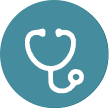 Illustration eines Stethoskops in einem Kreis zur Veranschaulichung ärztlich relevanter Inhalte.