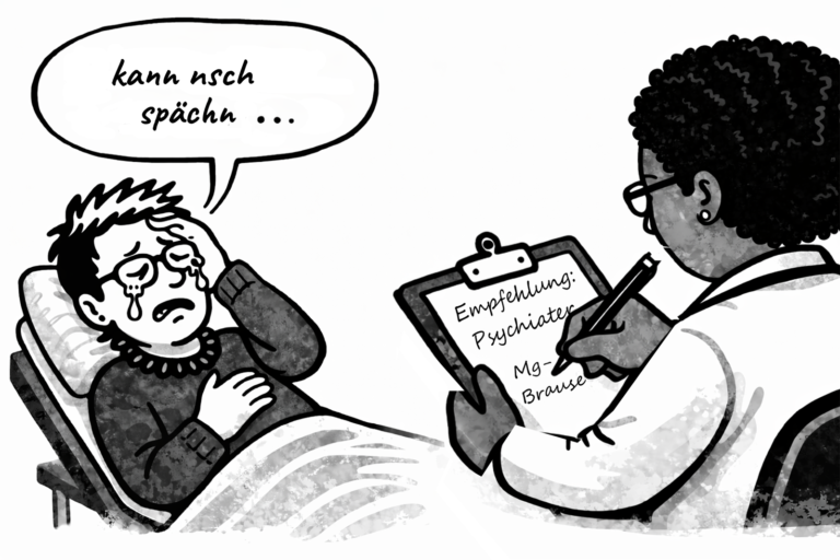 Schwarz-weiße Cartoon-Illustration zum Thema Medical Gaslighting: Ein verzweifelter Patient liegt auf einer Untersuchungsliege und versucht mit Sprachstörung zu sprechen („kann nsch späch…“). Eine Ärztin mit Afrofrisur sitzt ihm mit dem Rücken zugewandt und schreibt auf ein Klemmbrett: Empfehlung: Psychiater, Mg-Brause