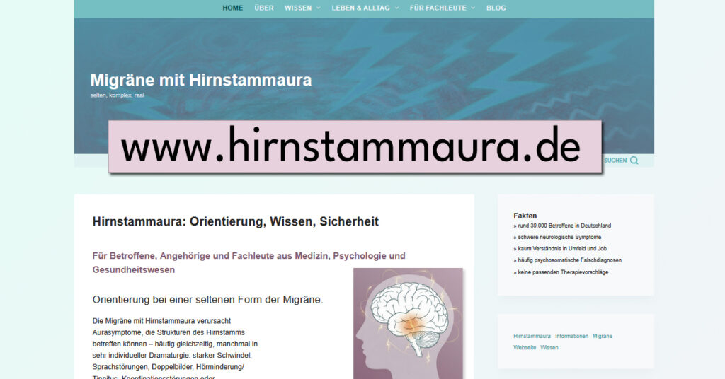 Screenshot der Startseite der Website „Migräne mit Hirnstammaura“ mit Titel, Navigationsmenü, erklärendem Einführungstext und einer schematischen Illustration eines Gehirns.