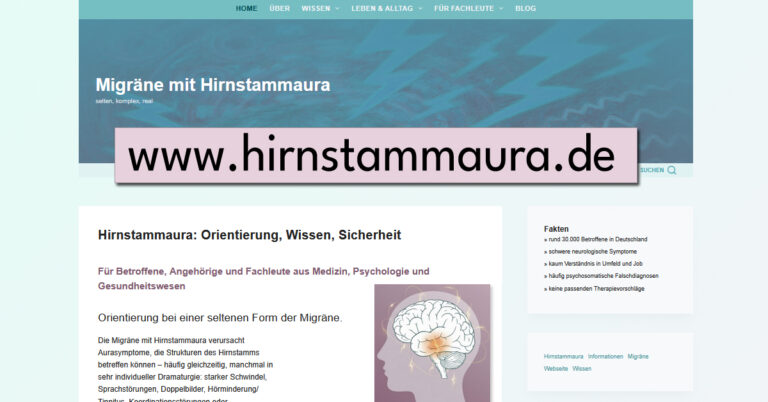 Screenshot der Startseite der Website „Migräne mit Hirnstammaura“ mit Titel, Navigationsmenü, erklärendem Einführungstext und einer schematischen Illustration eines Gehirns.