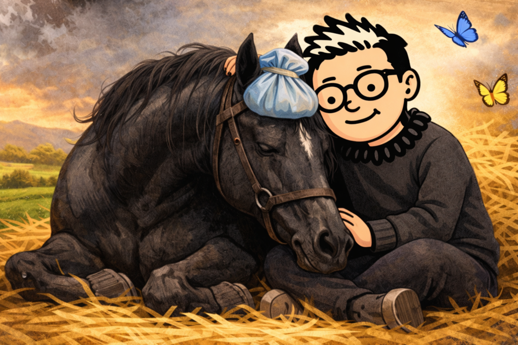 Illustration: Eine stilisierte Person mit runder Brille und kurzem, dunklem Haar sitzt ruhig im Stroh neben einem großen schwarzen Pferd. Das Pferd liegt erschöpft, den Kopf an die Person gelehnt, auf dem Kopf ein Kühlbeutel. Die Person hält das Pferd behutsam am Hals, beide wirken vertraut und verbunden. Im Hintergrund eine warme, ländliche Landschaft mit weichem Licht und zwei Schmetterlingen, die Ruhe und Mitgefühl symbolisieren.