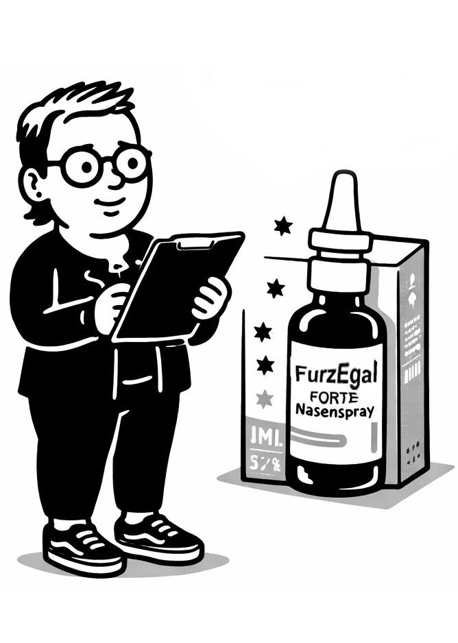 Schwarz-weiße Illustration einer ruhigen, nachdenklichen Person mit Brille, die ein Klemmbrett in den Händen hält und ein Nasenspray-Produkt betrachtet. Die Szene symbolisiert eine informierte Kaufentscheidung nach kritischer Prüfung.